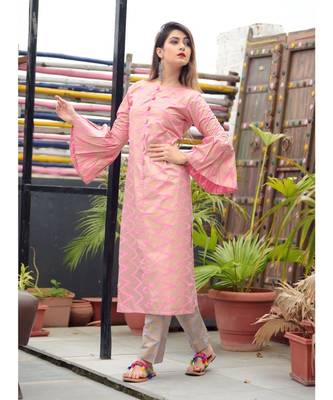 pink colour golden printed kurti with printed plazo 1