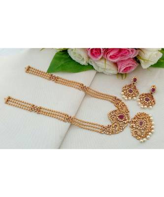Gorgeous Matt Gold Finish Layer Long Haaram with Matching Ear Rings 1