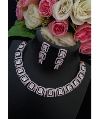 Lovely Designer Platinum Finish American Diamond Necklace With Matching Ear Rings 1