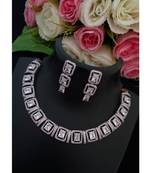 Lovely Designer Platinum Finish American Diamond Necklace With Matching Ear Rings