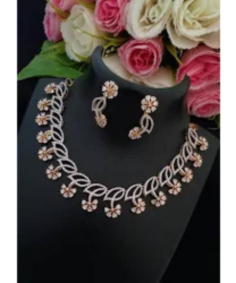 Eye Catching Designer Flower Design American Diamond Necklace with Matching Ear Rings