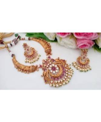 Royal Designer Matt Finish Necklace with Peacock Pendant & Matching Ear Rings 1