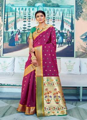 Magenta woven paithani silk saree with blouse 1