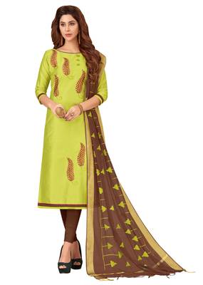Blissta Women's Light Green Silk Blend Embroidered Dress Material With Beads Work & Thread Work Dupatta 1