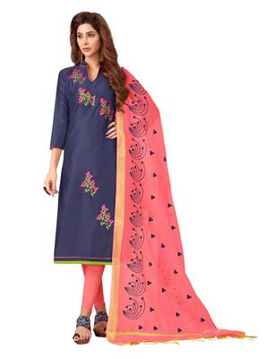 Blissta Women's Navy Blue Silk Blend Embroidered Dress Material With Beads Work & Thread Work Dupatta 1