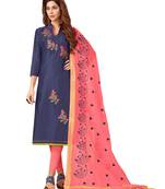 Blissta Women's Navy Blue Silk Blend Embroidered Dress Material With Beads Work & Thread Work Dupatta