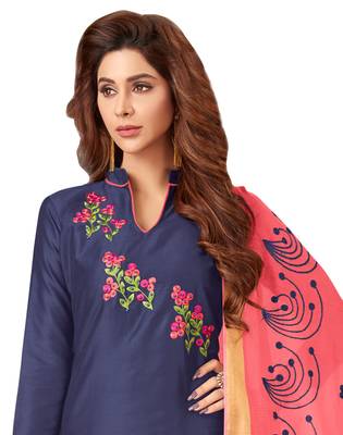 Blissta Women's Navy Blue Silk Blend Embroidered Dress Material With Beads Work & Thread Work Dupatta 2
