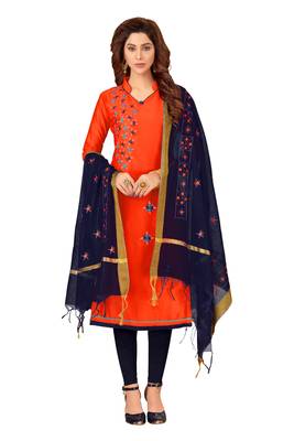 Blissta Women's Ornage Silk Blend Embroidered Dress Material With Beads Work & Thread Work Dupatta 1