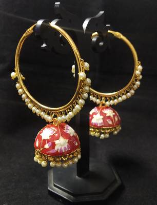 Designer Ethnic Indian Bollywood Red Pink Meenakari Bali Jhumki Earrings Set 1