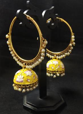 Designer Ethnic Indian Bollywood Yellow Pink Meenakari Bali Jhumki Earrings Set 1