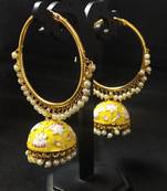 Designer Ethnic Indian Bollywood Yellow Pink Meenakari Bali Jhumki Earrings Set