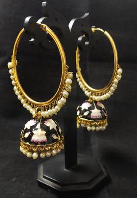 Designer Ethnic Indian Bollywood Black Pink Meenakari Bali Jhumki Earrings Set 1