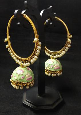 Designer Ethnic Indian Bollywood Mint Green Pink Meenakari Bali Jhumki Earrings Set 1