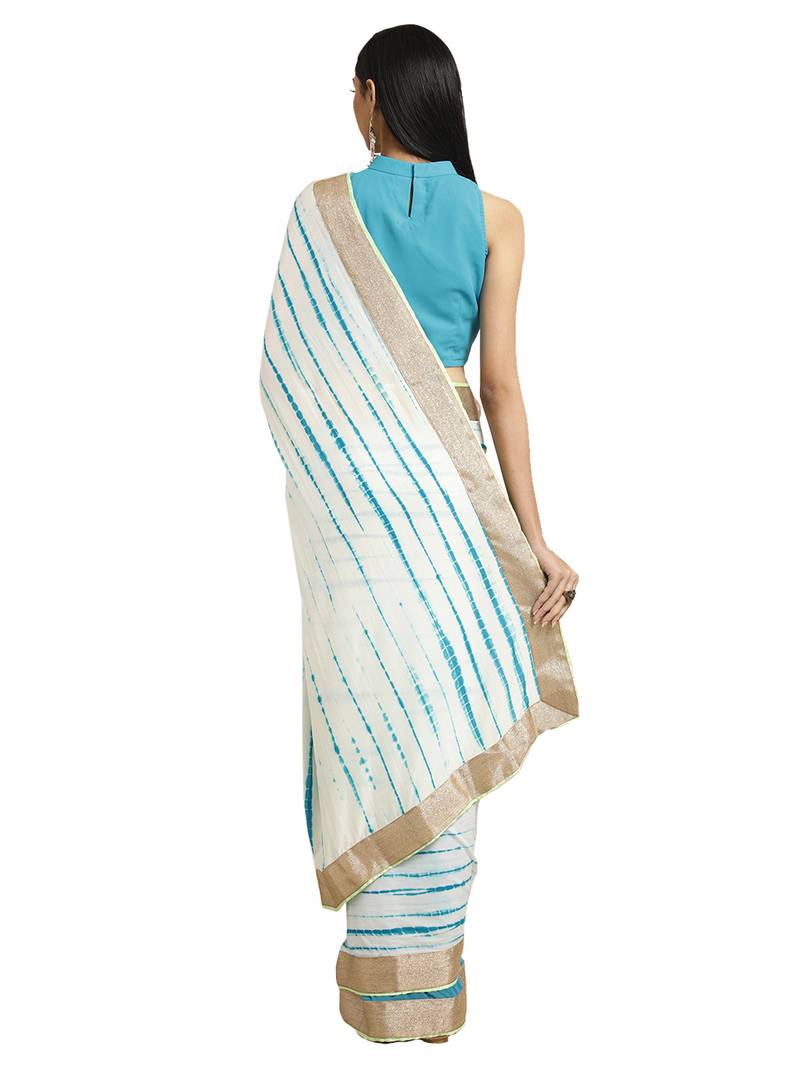 Blue & White Tye & Dye Saree With Blouse