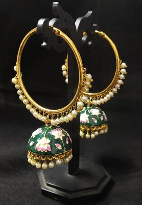 Designer Ethnic Indian Bollywood Green Pink Meenakari Bali Jhumki Earrings Set 1