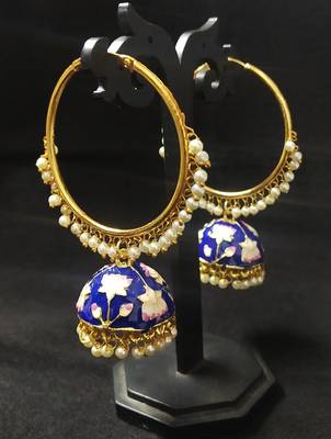 Designer Ethnic Indian Bollywood Blue Pink Meenakari Bali Jhumki Earrings Set 1