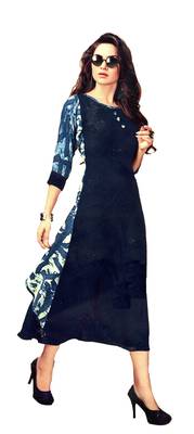 Blue Rayon Block Print Embroidered  Partywear Kurti 1