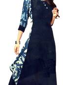 Blue Rayon Block Print Embroidered  Partywear Kurti
