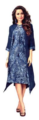 Blue Rayon Block Print Embroidered  Partywear Kurti 1