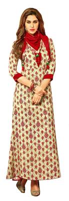Beige Rayon Block Print Embroidered  Partywear Kurti 1