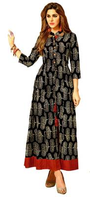 Black Rayon Block Print Embroidered  Partywear Kurti 1