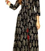 Black Rayon Block Print Embroidered  Partywear Kurti