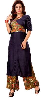 Blue Rayon Block Print Embroidered  Partywear Kurti 1