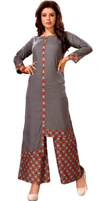 Grey Rayon Block Print Embroidered  Partywear Kurti 1