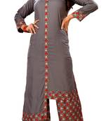 Grey Rayon Block Print Embroidered  Partywear Kurti
