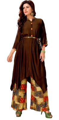 Brown Rayon Block Print Embroidered  Partywear Kurti 1