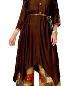Brown Rayon Block Print Embroidered  Partywear Kurti
