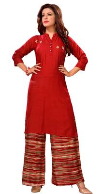 Red Rayon Block Print Embroidered  Partywear Kurti 1