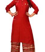 Red Rayon Block Print Embroidered  Partywear Kurti