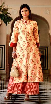 Beige Rayon Block Print Embroidered  Partywear Kurti Palazzo 1