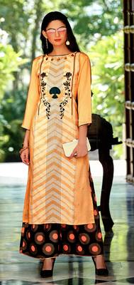 Yellow Rayon Block Print Embroidered  Partywear Kurti Palazzo 1