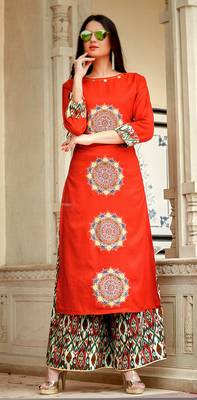 Red Rayon Block Print Embroidered  Partywear Kurti Palazzo 1