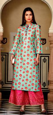 Blue Rayon Block Print Embroidered  Partywear Kurti Palazzo 1