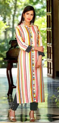 Cream Rayon Block Print Embroidered  Partywear Kurti Palazzo 1
