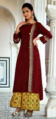 Maroon Rayon Block Print Embroidered  Partywear Kurti Palazzo 1
