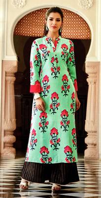 Blue Rayon Block Print Embroidered  Partywear Kurti Palazzo 1