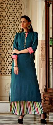 Blue Rayon Block Print Embroidered  Partywear Kurti Palazzo 1