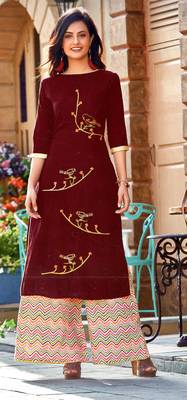 Brown Rayon Block Print Embroidered  Partywear Kurti Palazzo 1