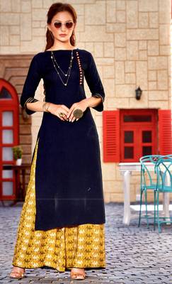 Blue Rayon Block Print Embroidered  Partywear Kurti Palazzo 1