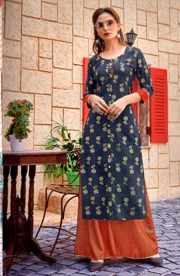 Blue Rayon Block Print Embroidered  Partywear Kurti Palazzo 1