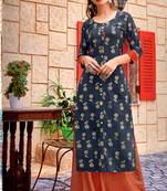 Blue Rayon Block Print Embroidered  Partywear Kurti Palazzo