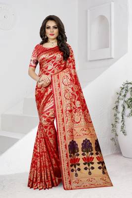 red woven banarasi saree with blouse 1