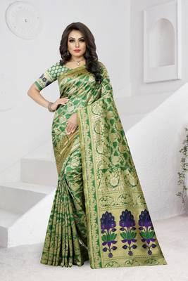 green woven banarasi saree with blouse 1