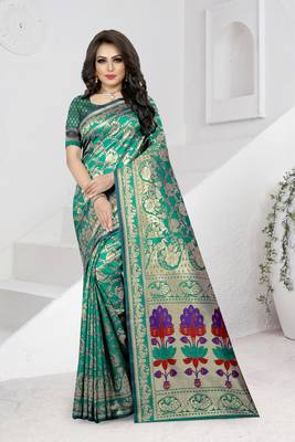 turquoise woven banarasi saree with blouse 1