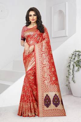 red woven banarasi saree with blouse 1