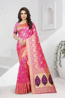 pink woven banarasi saree with blouse 1